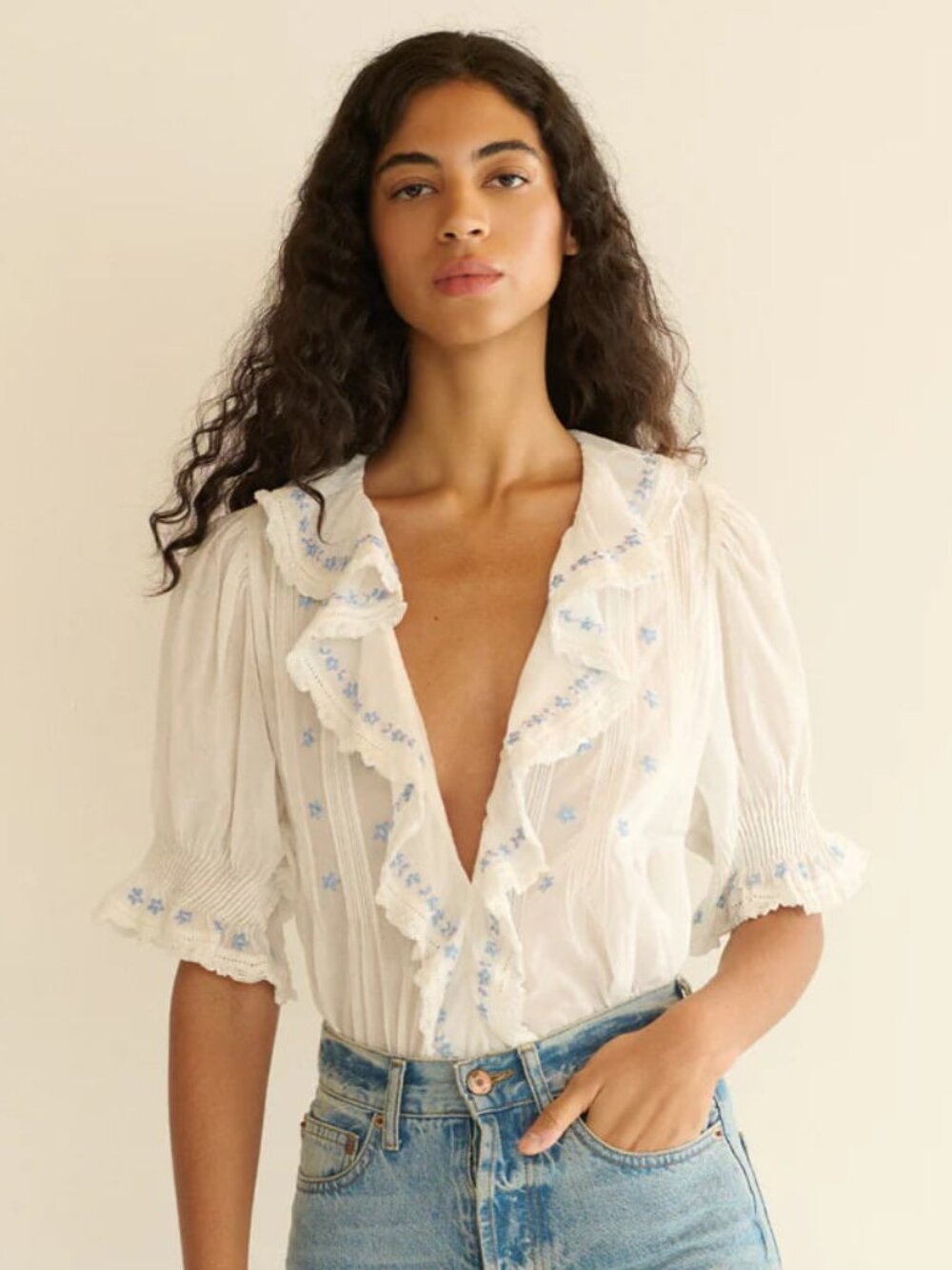 Doen NWOT Hettie Top - Salt (blue flowers)